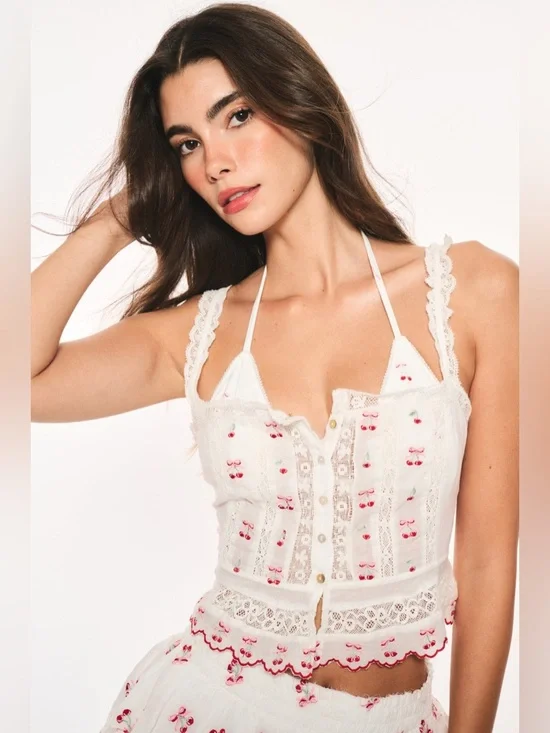 NWT [LoveShackFancy] Vietta Embroidered Cherry Lace Crop Top White Women’s XS - Picture 2 of 14